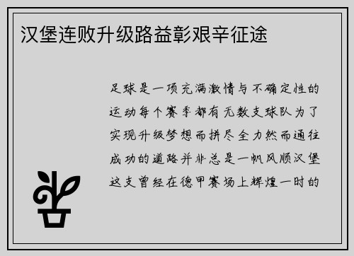 汉堡连败升级路益彰艰辛征途